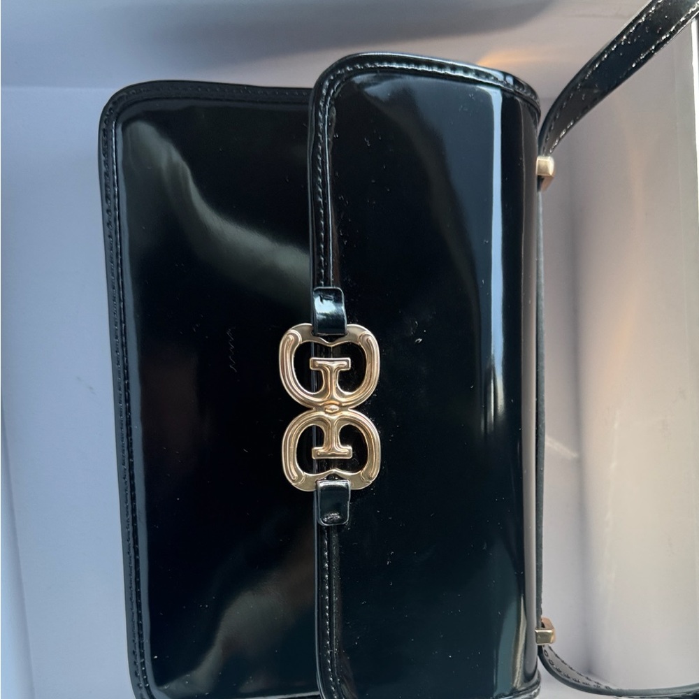 Sam Edelman Black Patent Shoulder Bag with Gold Accent